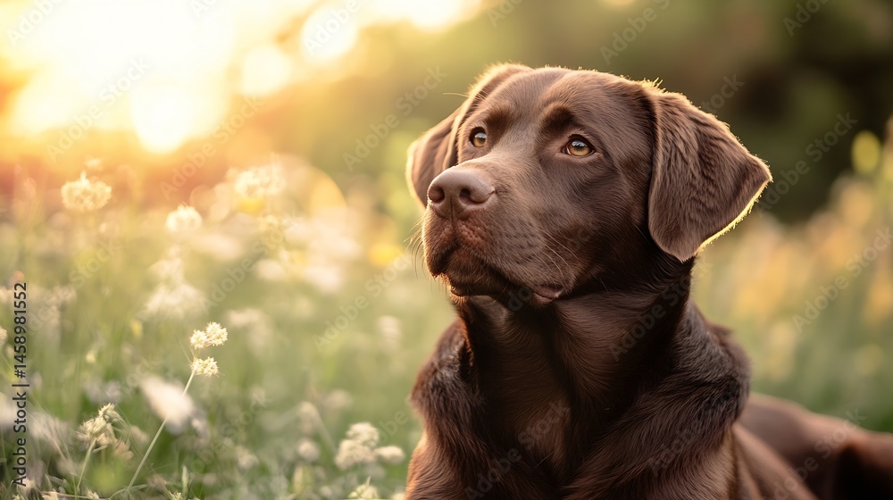 Poster a chocolate labrador retriever sits in a field of wildflowers, gazing towards the setting sun, bathe