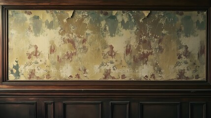 Aged, mottled wallpaper panel with dark trim.
