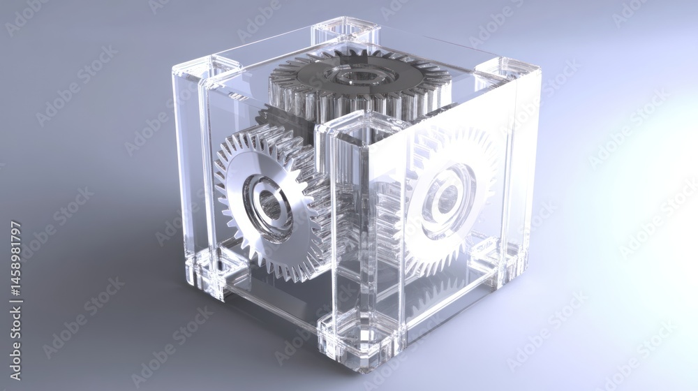 Fototapete Transparent Cube with Interlocking Gears: A 3D Render of Precision Engineering