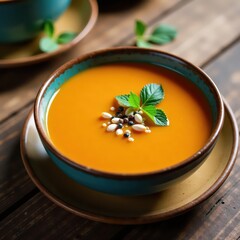 Warm orange soup bowl, seeds, rustic wood table, top view, nutritious, warmth