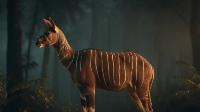 A serene okapi standing gracefully in a misty forest, surrounded by lush greenery and soft light