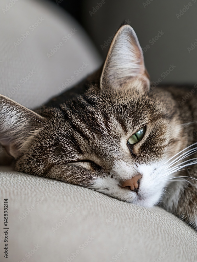 Poster close-up portrait of a tabby cat resting its head on a beige fabric surface, one eye half-closed in 