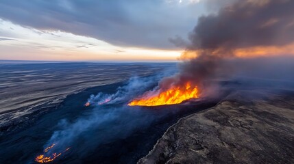 Aerial view of a volcanic eruption at sunset, fiery lava flows and thick smoke billowing against a dramatic sky, showcasing the raw power of nature. : Generative AI