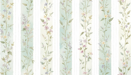 Elegant floral stripe pattern with watercolor flowers and delicate leaves, creating a sophisticated and fresh design.