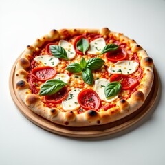 Homemade pizza with fresh mozzarella and basil on wooden board