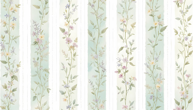 Elegant floral stripe pattern with watercolor flowers and delicate leaves, creating a sophisticated and fresh design.
