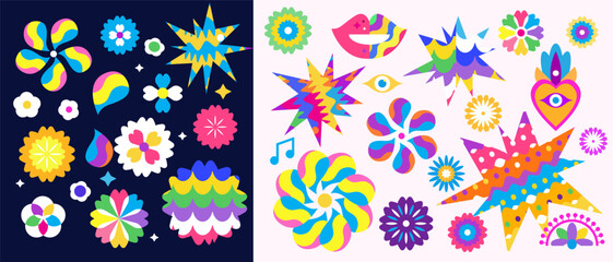 Big set mexican flowers for mexican holidaus Colorful geometrical decor elements collection Vector icon illustration