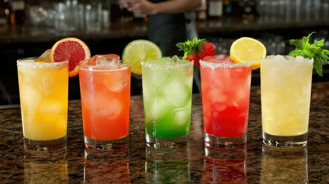 Five Refreshing Summer Cocktails in Glasses with Fruit Garnishes A Row of Colorful Icy Drinks on a Bar