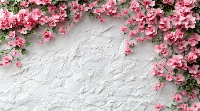 Fototapeta Pink flowers cascading over a textured white wall