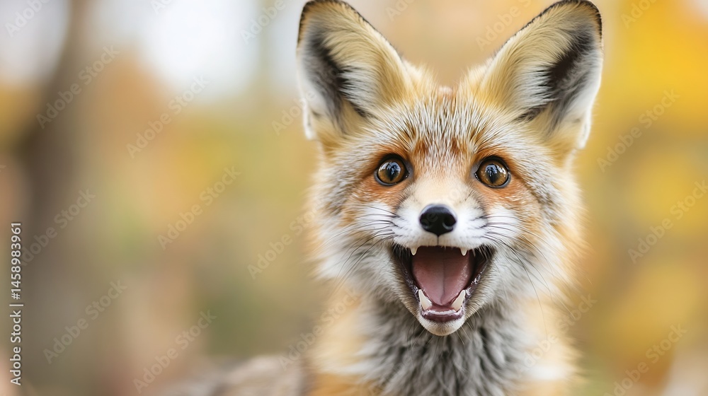 Poster Close-up portrait of a red fox with open mouth, showing sharp teeth and a playful expression, set against a blurred autumnal background of yellow and brown foliage. : Generative AI