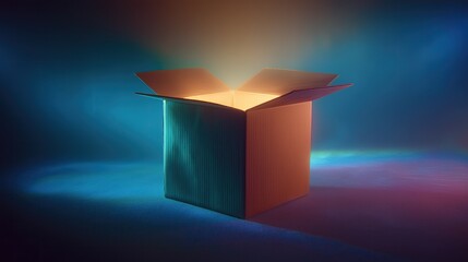 Carton box with a light pillar coming out of it. Divine. Light rays emanating from carton package