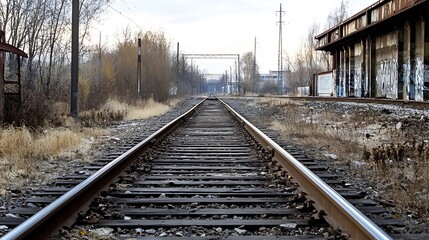 Fototapeta premium A long, desolate railway track stretches into the distance, flanked by withered vegetation and graffiti-covered industrial buildings under a pale sky. : Generative AI