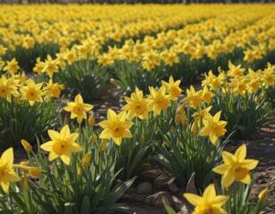 Obraz premium Sunlit daffodil field, vibrant yellow blooms, spring freshness, daffodils, background