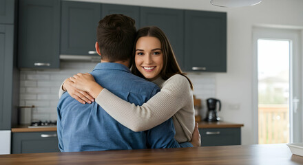Happy couple embracing in kitchen domestic bliss loving relationship home sweet home cozy morning routine new day togetherness