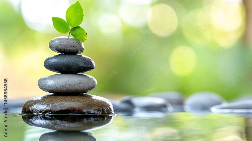 Poster serene stack of stones with a sprouting plant in a tranquil water setting, reflecting peace and harm