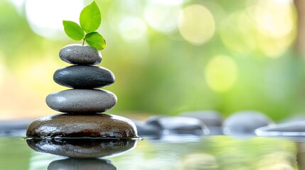 Obraz premium Serene Stack of Stones with a Sprouting Plant in a Tranquil Water Setting, Reflecting Peace and Harmony in Nature. : Generative AI
