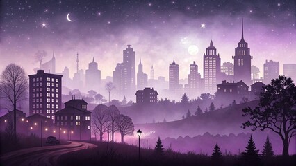 Fototapeta premium city, purple lights, dusk, fog, paper cut style, city silhouette, gradient purple background, only city., skyline, silhouette, building, cityscape, architecture, urban, illustration, buildings, black,