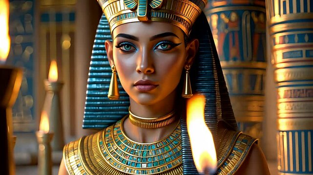 Egyptian Queen Standing in Temple with Golden Jewelry Cinematic Lighting