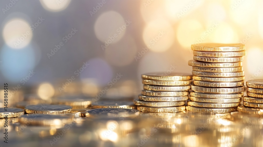 Poster close-up shot of three stacks of gold coins, increasing in height, against a bokeh background of war