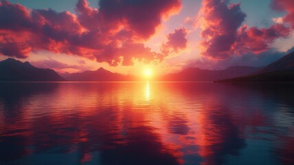 Obraz premium Fiery Sunset Over Calm Lake Reflecting Mountains sunset lake mountains calm reflection water scenic