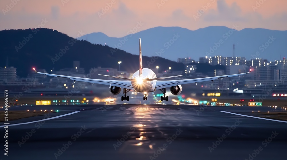 Poster airplane landing at dusk, approaching runway lights with city skyline and mountains in the backgroun