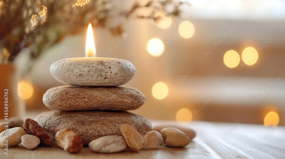 Poster serene candlelight illuminates a balanced stack of smooth, grey stones, creating a peaceful and calm