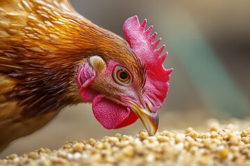 Close-up of chicken beak pecking at grains