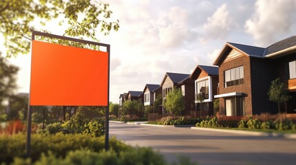 Real Estate Dreamscape:  A modern residential neighborhood with a prominent, blank sign in the foreground, set against a backdrop of well-manicured lawns and a tranquil, sunny sky.