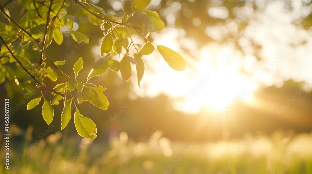 Aufkleber Golden hour sunlight filters through vibrant green leaves on a tree branch, creating a warm and peaceful natural scene. : Generative AI