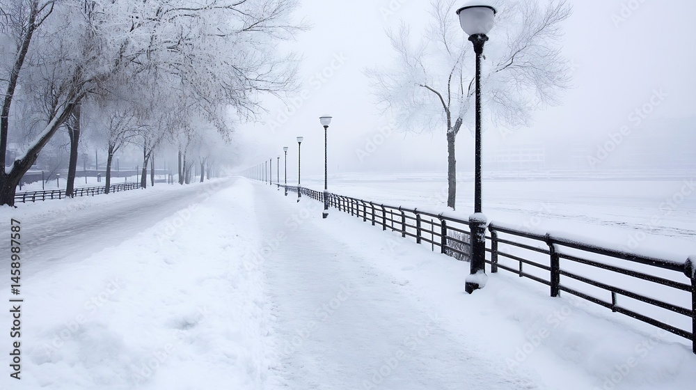 Aufkleber Snowy winter pathway along a frozen river, lined with snow-covered trees and lampposts, creating a serene, cold atmosphere. : Generative AI
