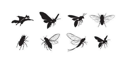 Insect Silhouette Collection � Butterflies, Bees & Flies in Flight and Perched Positions Vector Art