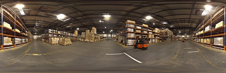 Warehouse interior with high shelving and forklift
