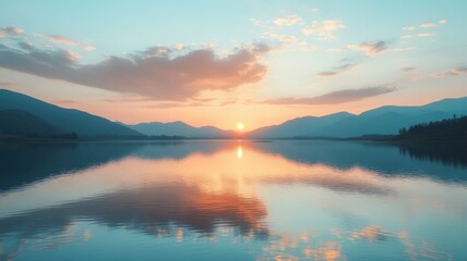 Fototapeta premium Sunset Reflection on Lake, Tranquil Mountain Landscape sunset mountain reflection landscape tranquil