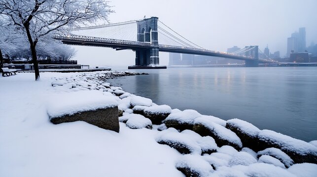 Snow-covered Brooklyn Bridge in winter, viewed from a snow-dusted park with a calm river in the foreground. City skyline visible in the background. : Generative AI