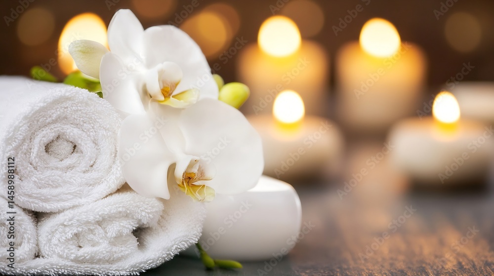 Leinwandbilder serene spa setting with rolled white towels, delicate white orchids, and softly glowing candles crea