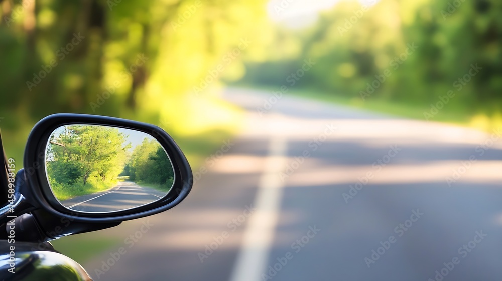 Poster reflective side mirror showing a scenic country road winding through a lush green forest on a sunny 