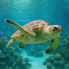 Fototapeta premium Beautiful yellow turtle swimming on the coral reef