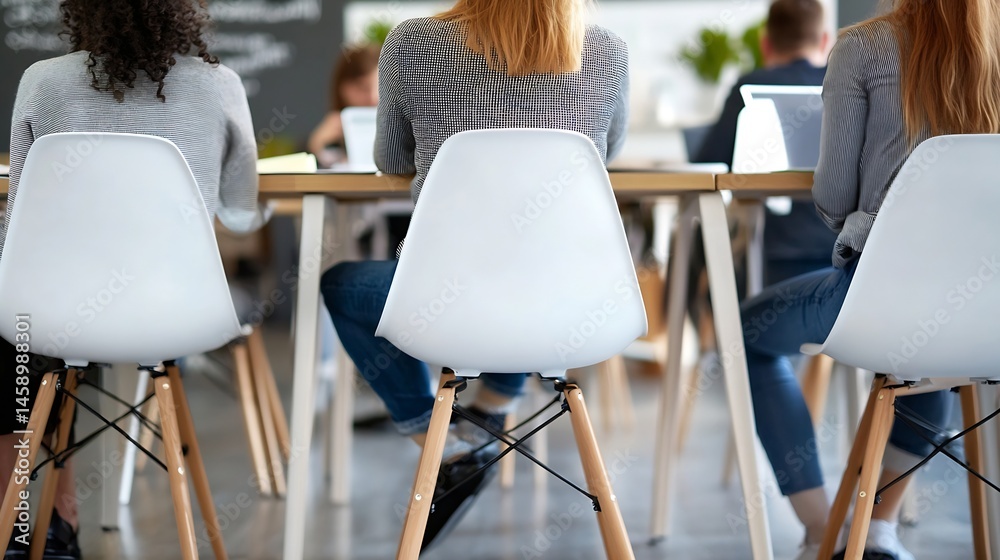Poster rear view of three people sitting at a table in a modern office, focused on white chairs with wooden