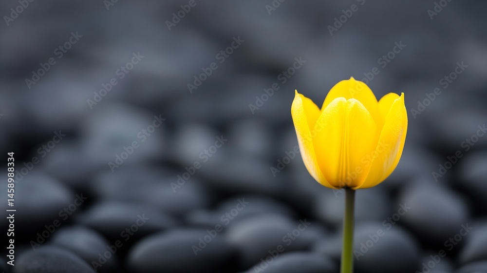 Aufkleber Single yellow tulip stands out against a blurred background of dark grey stones, creating a serene and minimalist image. : Generative AI