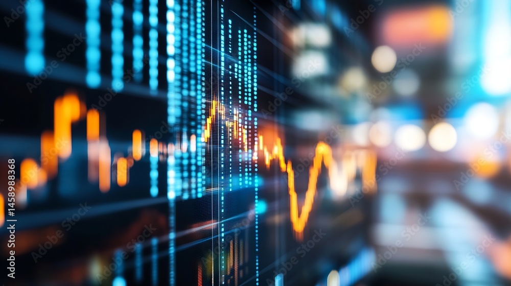 Leinwandbilder Abstract Stock Market Data Visualization: Dynamic Orange and Blue Graphs on a Dark Screen, Showing Financial Trends and Technological Advancements. : Generative AI