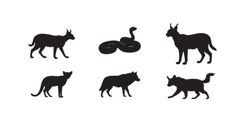 Wild Cat & Snake Silhouettes � Stalking & Alert Poses on White Background Vector Art