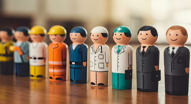 Diverse professions wooden figures representing various careers and workforce diversity in society occupations