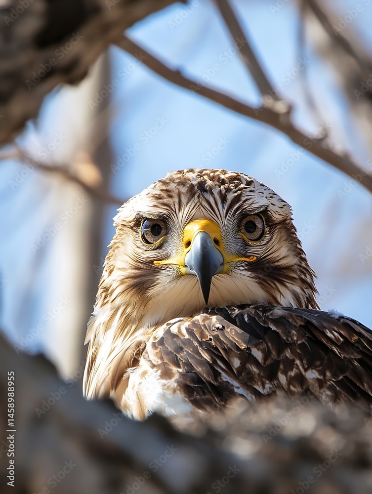 Poster close-up portrait of a juvenile tawny eagle perched on a branch, its intense gaze directed at the vi