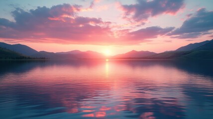 Obraz premium Serene Sunset Over Lake with Mountains sunset lake mountains reflection water peaceful tranquil calm
