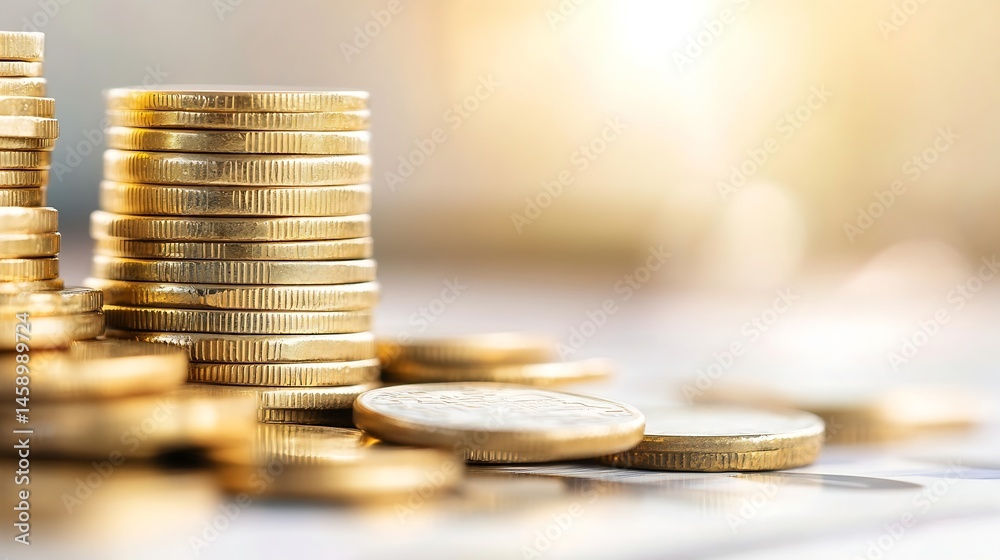 Poster close-up shot of several stacks of gold coins, resting on a blurred background of banknotes, suggest