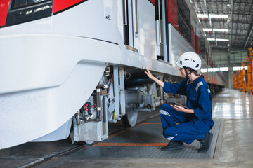Train engineer working check inspecting railway track at Train station, advance engineering