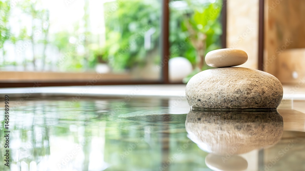 Poster serene spa setting: two smooth, light beige stones balanced atop each other, partially submerged in 