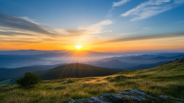 Majestic sunrise over a vast mountain range, casting golden light on rolling hills and grassy meadows. A solitary tree stands on a rocky outcrop, witnessing the breathtaking spectacle. : Generative AI