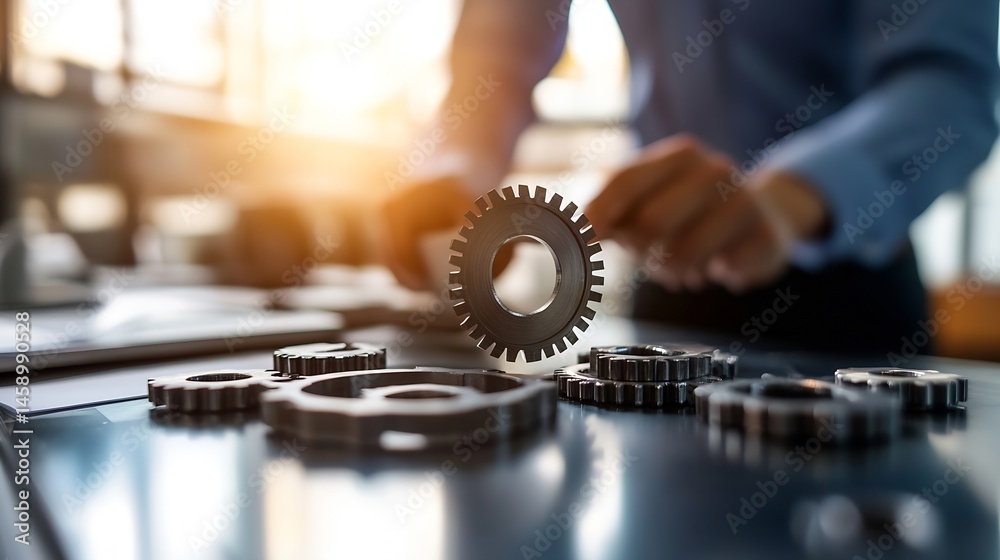 Poster close-up of metallic gears on a desk, with a blurred businessman in the background, suggesting conce