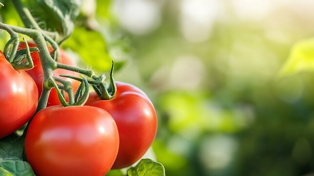 Close-up of ripe red tomatoes growing on the vine in a lush green garden, bathed in sunlight.  Vibrant colors and healthy foliage showcase the freshness of the organic produce. : Generative AI